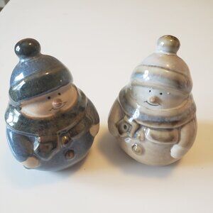 2 Primitive Snowmen – Folk Art Stoneglaze Pottery  Vintage Earth-Tone Figurines